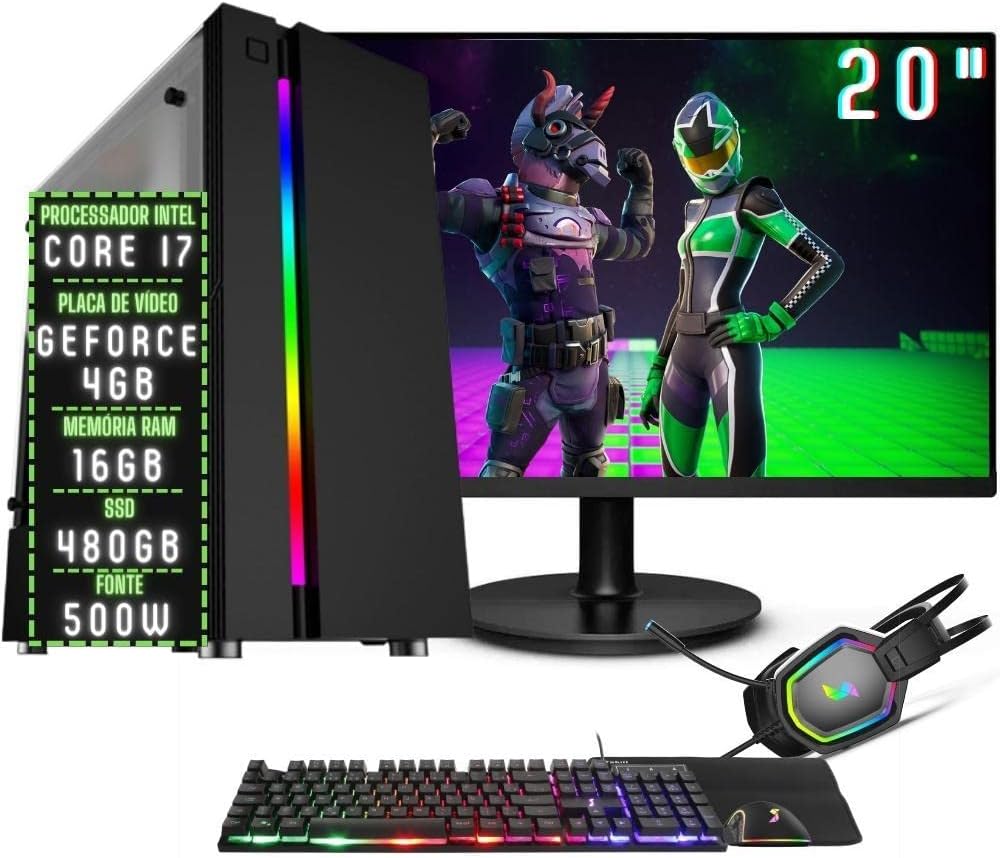 3Green Technology PC Gamer Completo Play Intel Core i7 16GB RAM Placa de vídeo Geforce 4GB SSD 480GB Monitor 20” 75Hz Fonte 500W 3GP-056 Preto