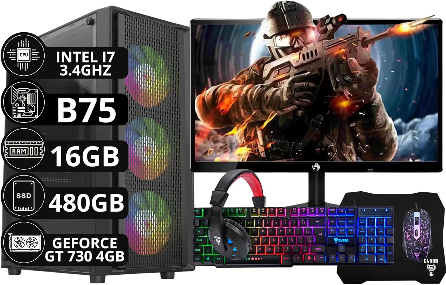 PC Gamer Completo Intel Core I7 3.4GHz 16GB DDR3 SSD 480GB Monitor 19″ Kit Gamer – Escolha a placa de vídeo (GT 730 4 GB)