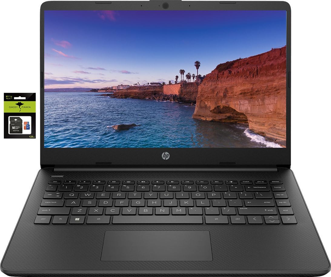 HP Transmite laptop de 14 polegadas ultraleve para estudantes e negócios, processador Intel Celeron quad-core, 8 GB de RAM, armazenamento de 256 GB (128 GB eMMC + cartão SD Ghost Manta de 128 GB), 1