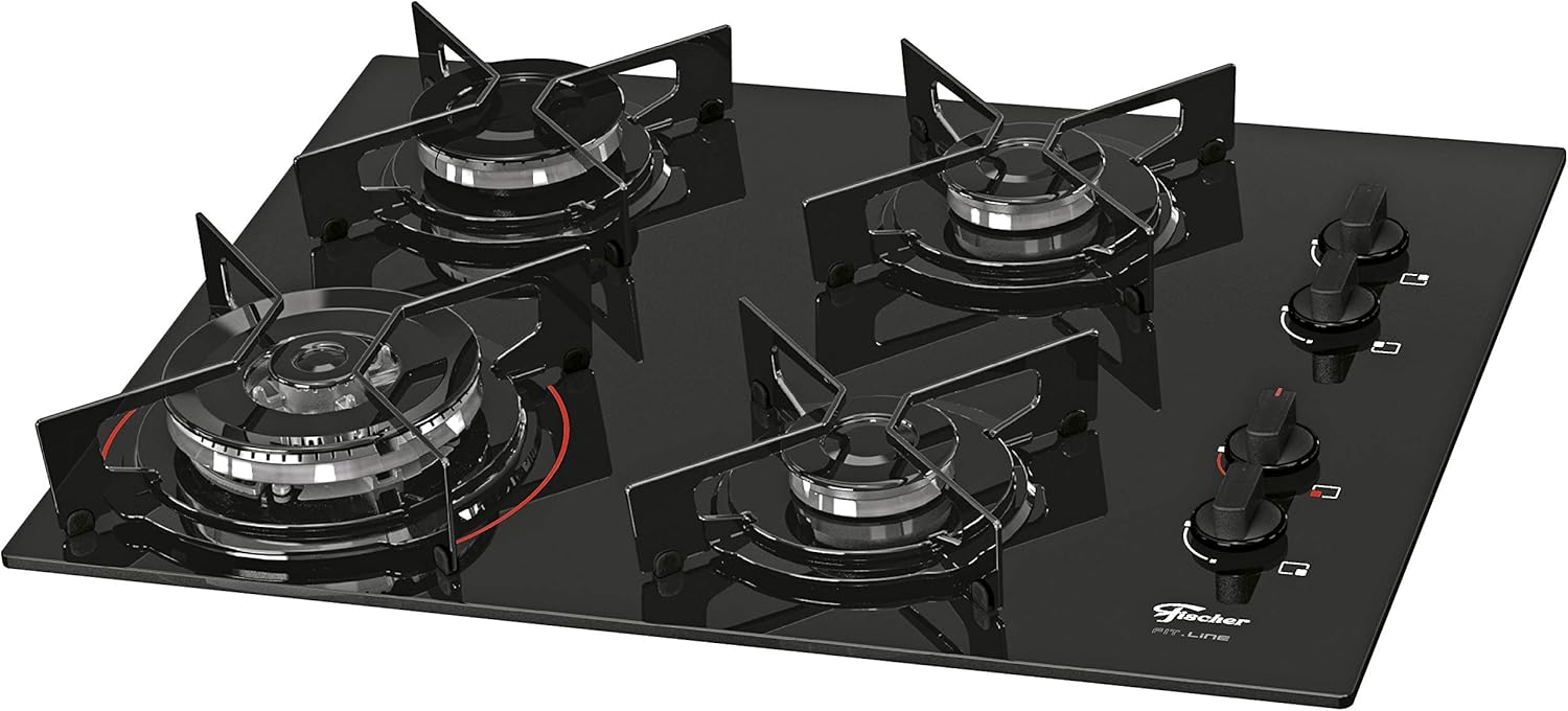 FISCHER COOKTOP À GÁS 4 BOCAS TRIPLA CHAMA FIT LINE MESA VIDRO PRETO BIVOLT – 26299-57078