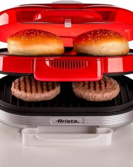 Ariete 205, Grill Burguer Retrô Vermelha – Party Time, Grelha Hamburguer e Aquece Pães, Base dupla antiaderente, 1200W – 127V