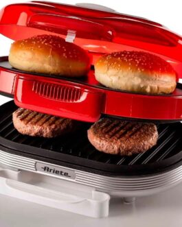 Ariete 205, Grill Burguer Retrô Vermelha – Party Time, Grelha Hamburguer e Aquece Pães, Base dupla antiaderente, 1200W – 127V