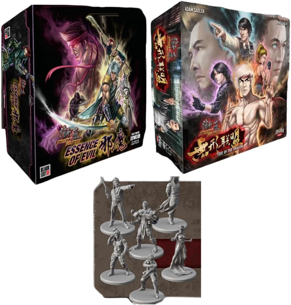 Blacklist Games Street Masters The Board Game Bundle: Essence of Evil Expansion, Tide of The Dragon Expansion, and Boss Minis Pack 2 (3 Items with 64 Miniatures)