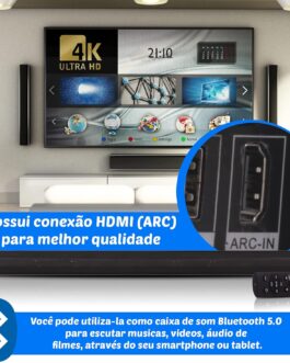 Home Theater Soundbar Barra de som Bluetooth Cinema Caixa de Som Potente Estéreo com 60w Rms Hdmi Arc Entrada Óptica Radio Fm