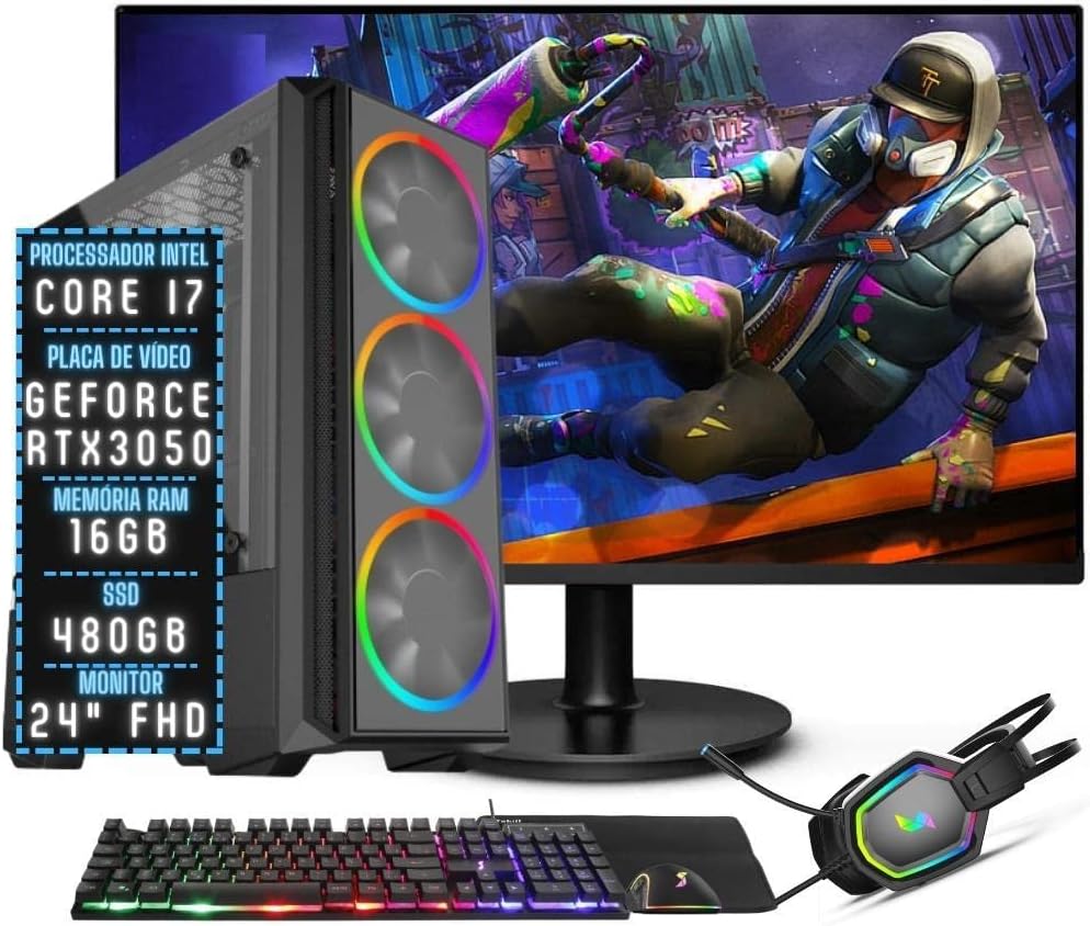 PC Gamer Completo 3green Join Intel Core i7 16GB RAM Placa de vídeo Geforce RTX 3050 8GB SSD 480GB Fonte 500W + Monitor 24″ 75Hz 3GJ-096