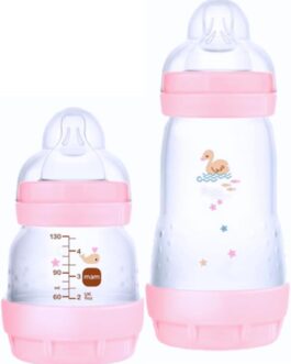 MAM Baby Kit 2 Mamadeiras Easy Start Starter Set Anticólica e Menos Bolhas de Ar, para Crianças 0+ Meses Autoesterilizável e com Bico de Silicone Skinsoft, Rosa
