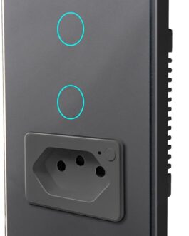 Interruptor Inteligente WiFi com Tomada, Interruptor Smart Sem Fio Doméstico Multifuncional, Controle Remoto de Eletrodomésticos Por Celulares, Preto, 2 Botao, com neutro