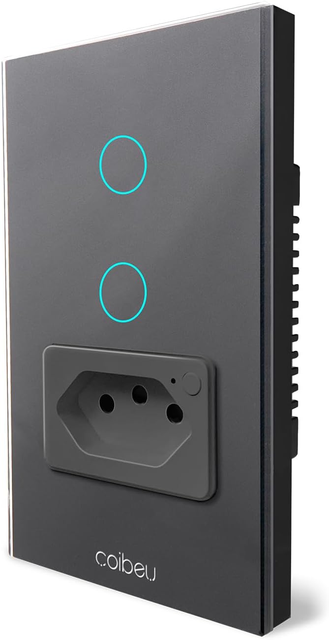 Interruptor Inteligente WiFi com Tomada, Interruptor Smart Sem Fio Doméstico Multifuncional, Controle Remoto de Eletrodomésticos Por Celulares, Preto, 2 Botao, com neutro
