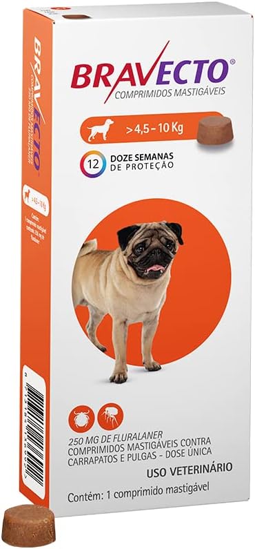 Bravecto® Cães 250mg – Antipulgas e Carrapatos – Cães de 4,5 a 10kg – 1 Comp. Mastigável – MSD Saúde Animal