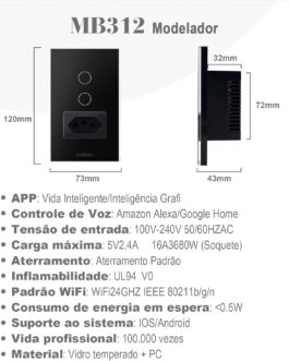Interruptor Inteligente WiFi com Tomada, Interruptor Smart Sem Fio Doméstico Multifuncional, Controle Remoto de Eletrodomésticos Por Celulares, Preto, 2 Botao, com neutro