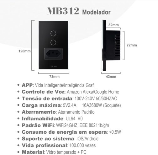 Interruptor Inteligente WiFi com Tomada, Interruptor Smart Sem Fio Doméstico Multifuncional, Controle Remoto de Eletrodomésticos Por Celulares, Preto, 2 Botao, com neutro - Imagem 2