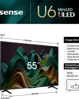 Hisense Smart TV UHD 4K Mini LED 55″ Polegadas 55U6N Google TV, Processador com AI, HDR10+, Dolby Atmos, Sports Mode, Game Mode Plus e Compatível com Alexa