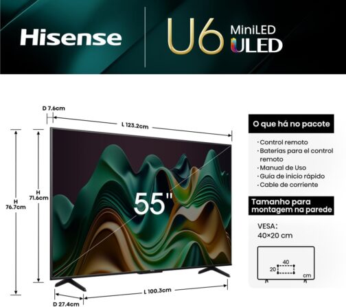 Hisense Smart TV UHD 4K Mini LED 55" Polegadas 55U6N Google TV, Processador com AI, HDR10+, Dolby Atmos, Sports Mode, Game Mode Plus e Compatível com Alexa - Imagem 2