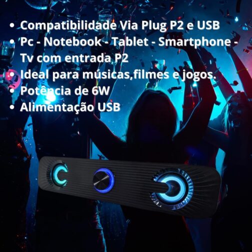Caixa De Som Pc Computador Notebook Gamer Potente Subwoofer USB P2 Led RGB Soundbar Caixinha - Imagem 6