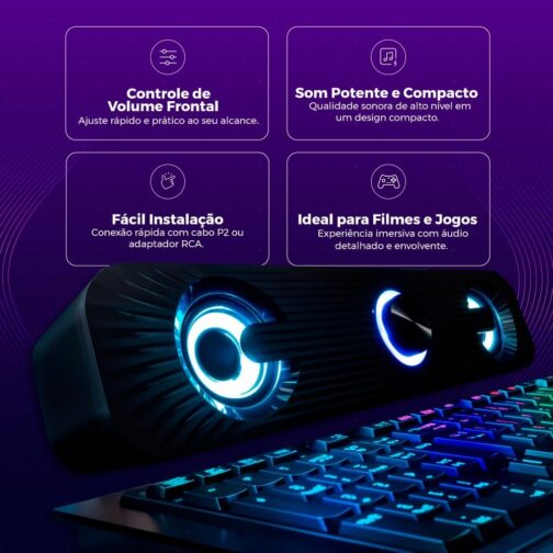 Caixa De Som Pc Computador Notebook Gamer Potente Subwoofer USB P2 Led RGB Soundbar Caixinha - Imagem 3