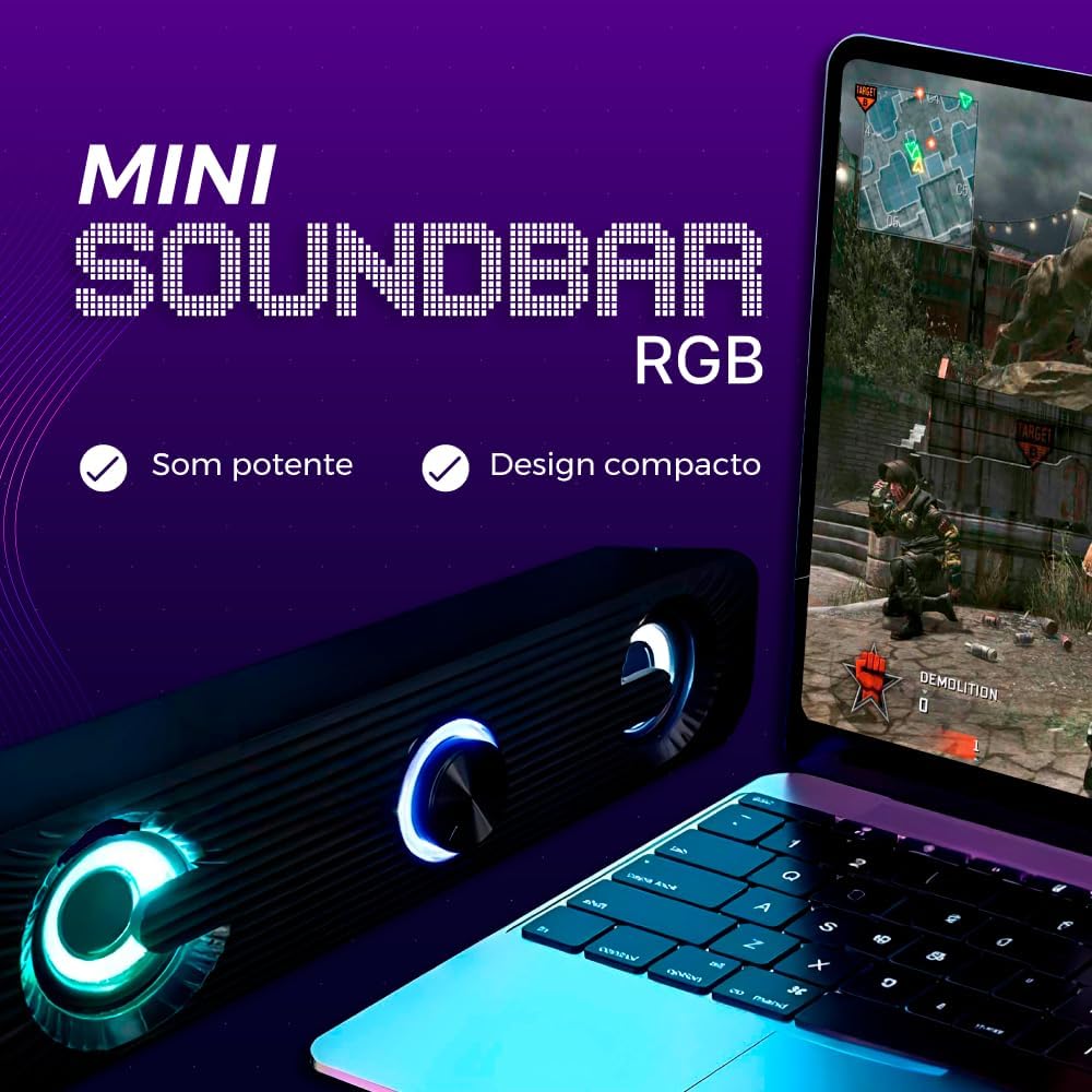 Caixa De Som Pc Computador Notebook Gamer Potente Subwoofer USB P2 Led RGB Soundbar Caixinha