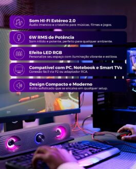 Caixa De Som Pc Computador Notebook Gamer Potente Subwoofer USB P2 Led RGB Soundbar Caixinha