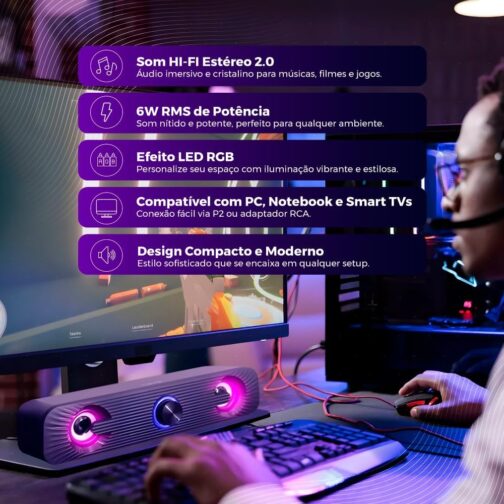Caixa De Som Pc Computador Notebook Gamer Potente Subwoofer USB P2 Led RGB Soundbar Caixinha - Imagem 2