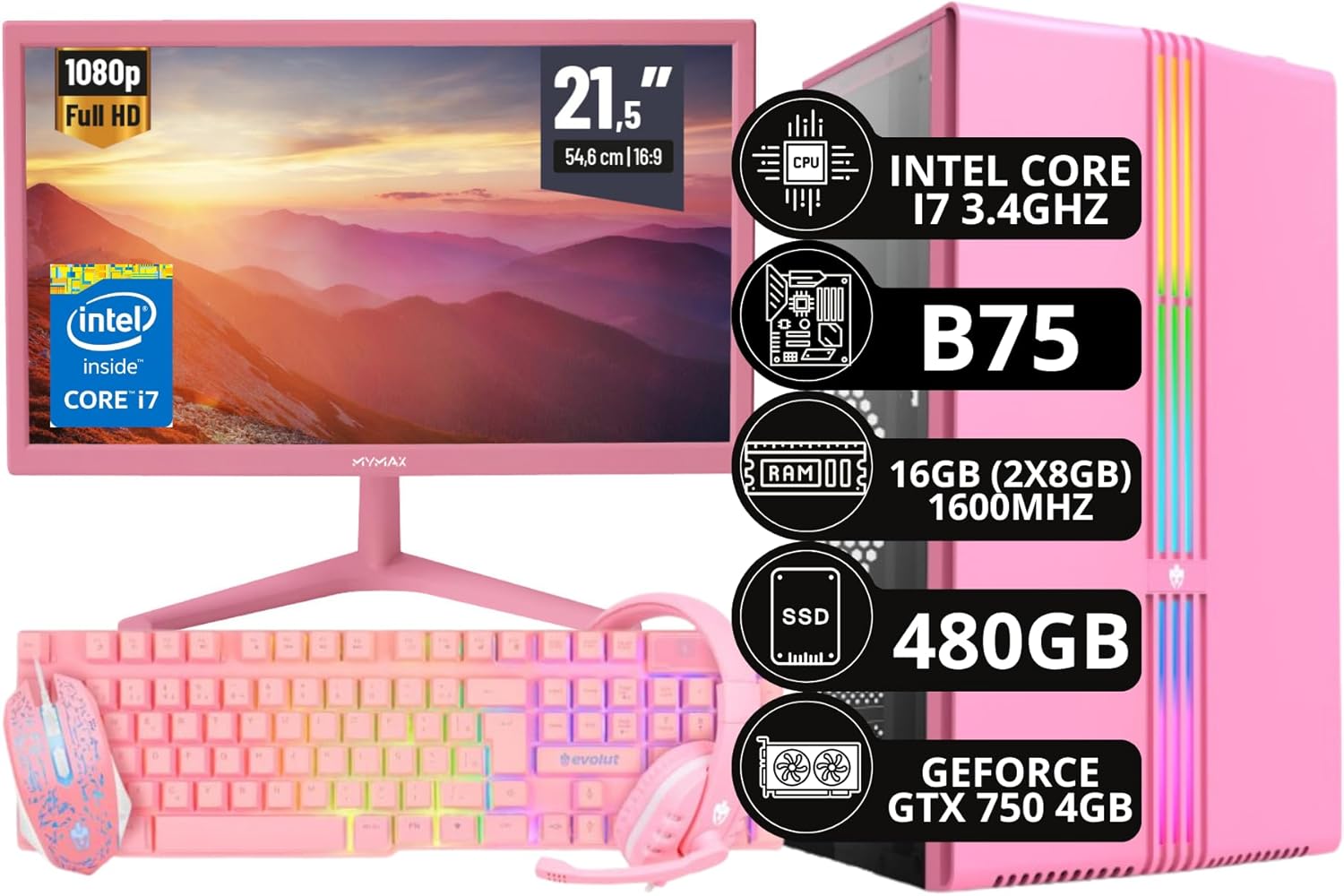 PC Gamer Rosa Completo Intel Core I7 3.4GHz 16GB DDR3 SSD 480GB Monitor 21,5″ Kit Gamer – Escolha a placa de vídeo (GTX 750 4GB)