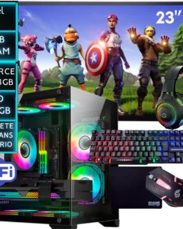 Computador pc gamer completo Intel Core i5 8GB SSD 480GB Placa de video GeForce GTX 4G Monitor HDMI 23 Polegadas kit gamer completo teclado mouse headset e mousepad wifi usb Gabinete aquario 3 fans