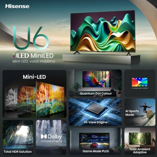 Hisense Smart TV UHD 4K Mini LED 55" Polegadas 55U6N Google TV, Processador com AI, HDR10+, Dolby Atmos, Sports Mode, Game Mode Plus e Compatível com Alexa - Imagem 4