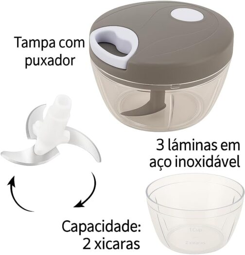 Processador e Triturador Manual de Alimentos 500ml 3 Lâminas para Legumes e Verduras Premium Escolha a Cor (Cinza) - Imagem 2