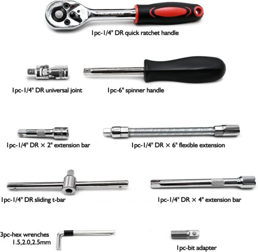 Conjunto com 46 chaves catraca Egofine, soquete de 6,35 mm, com conjunto de soquete métrico e haste de extensão para reparo de automóveis e uso doméstico, com estojo de armazenamento - Imagem 3