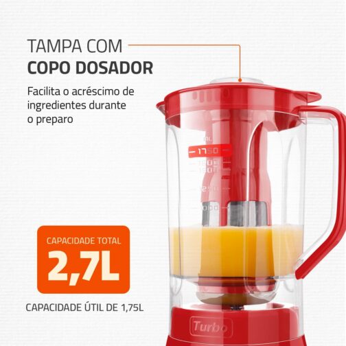 Liquidificador Turbo Full, Mondial, Vermelho, 900W, 220V - L-900 FR - Imagem 5