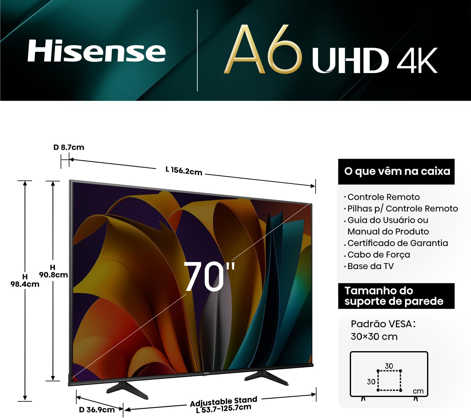 Hisense Smart TV UHD 4K DLED 70" Polegadas 70A6N com HDR10+ Dolby Vision Game Mode Controle por Voz Alexa Built-In AirPlay - Imagem 2
