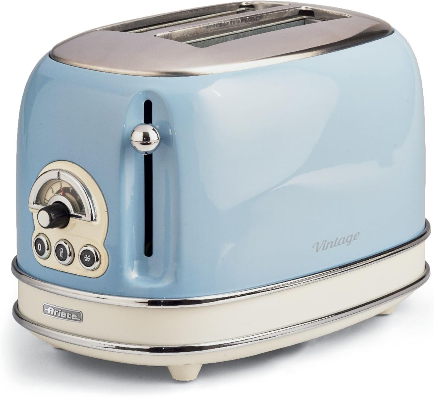Ariete 155/15 – Torradeira com 2 ranhuras largas, vintage, 6 posições, função descongelar, reaquecer, cancelar, paredes frias, pés antiderrapantes, pega, 810 W, cor azul