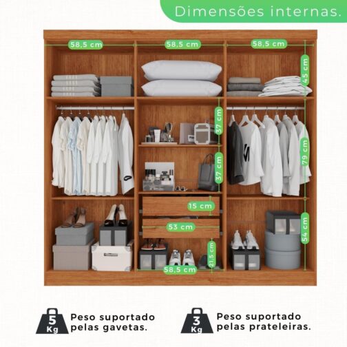Guarda-roupa Casal com Espelho 6 Portas 2 Gavetas França Cinamomo/Off-White - Imagem 5