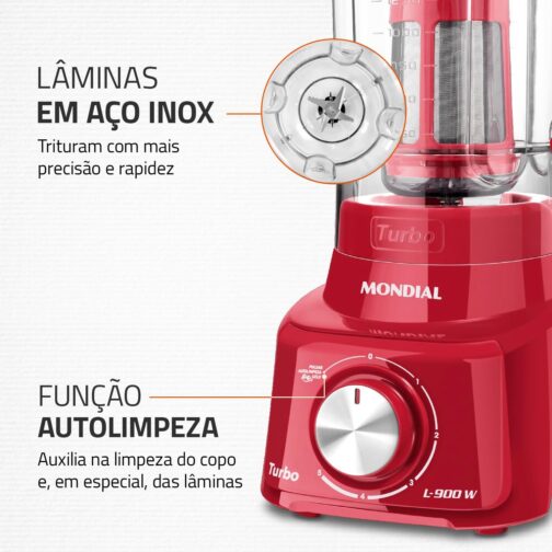 Liquidificador Turbo Full, Mondial, Vermelho, 900W, 220V - L-900 FR - Imagem 6