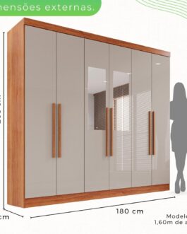 Guarda-roupa Casal com Espelho 6 Portas 2 Gavetas França Cinamomo/Off-White