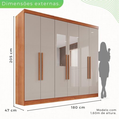 Guarda-roupa Casal com Espelho 6 Portas 2 Gavetas França Cinamomo/Off-White - Imagem 2