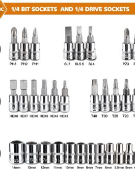 Conjunto com 46 chaves catraca Egofine, soquete de 6,35 mm, com conjunto de soquete métrico e haste de extensão para reparo de automóveis e uso doméstico, com estojo de armazenamento