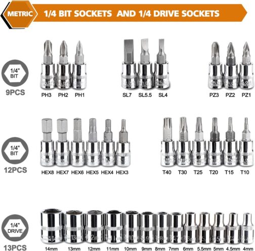 Conjunto com 46 chaves catraca Egofine, soquete de 6,35 mm, com conjunto de soquete métrico e haste de extensão para reparo de automóveis e uso doméstico, com estojo de armazenamento - Imagem 2