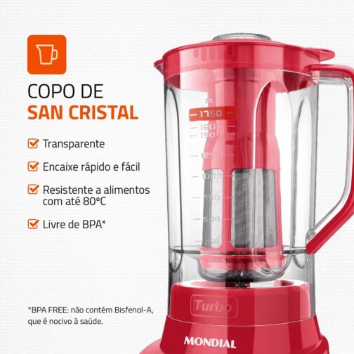 Liquidificador Turbo Full, Mondial, Vermelho, 900W, 220V - L-900 FR - Imagem 3