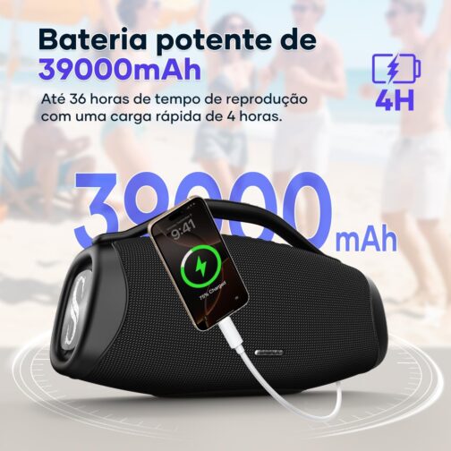 Caixa de Som Bluetooth SABALA DR-909 Boombox,39000mAh 36H Bluetooth 5.3, IPX6 TWS, Portátil USB Powerbank (Preto) - Imagem 3