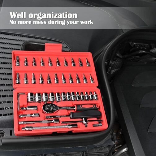Conjunto com 46 chaves catraca Egofine, soquete de 6,35 mm, com conjunto de soquete métrico e haste de extensão para reparo de automóveis e uso doméstico, com estojo de armazenamento - Imagem 5