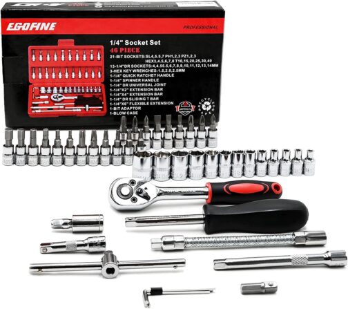 Conjunto com 46 chaves catraca Egofine, soquete de 6,35 mm, com conjunto de soquete métrico e haste de extensão para reparo de automóveis e uso doméstico, com estojo de armazenamento - Imagem 7