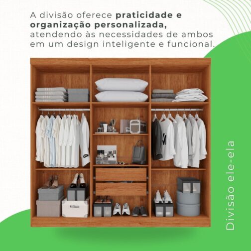 Guarda-roupa Casal com Espelho 6 Portas 2 Gavetas França Cinamomo/Off-White - Imagem 6