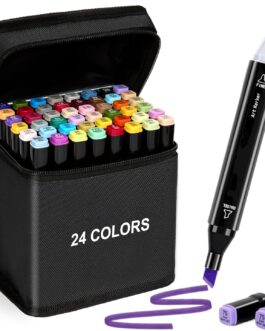 Marcadores de arte colorida de ponta dupla, 24 cores com estojo de transporte para pintura, esboço, caligrafia, desenho, marcadores de pincel, cabeça dupla, canetas marcadoras permanentes para