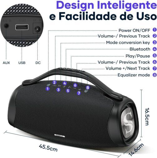 Caixa de Som Bluetooth SABALA DR-909 Boombox,39000mAh 36H Bluetooth 5.3, IPX6 TWS, Portátil USB Powerbank (Preto) - Imagem 2