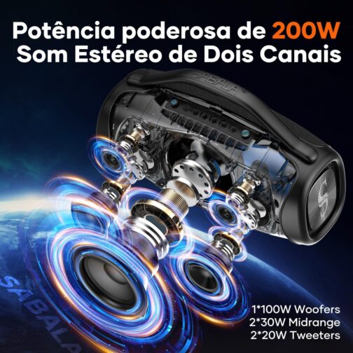 Caixa de Som Bluetooth SABALA DR-909 Boombox,39000mAh 36H Bluetooth 5.3, IPX6 TWS, Portátil USB Powerbank (Preto) - Imagem 5