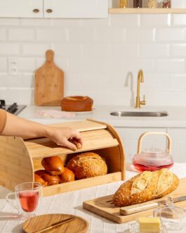 Mimo Style Porta Pães Com Tampa Retrátil Bambu Ecokitchen. Perfeita Para Armazenar Pães e Bolachas, Resistente, Durável e 100% Ecológica, Bege
