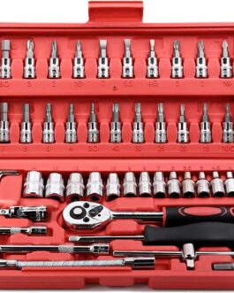 Conjunto com 46 chaves catraca Egofine, soquete de 6,35 mm, com conjunto de soquete métrico e haste de extensão para reparo de automóveis e uso doméstico, com estojo de armazenamento
