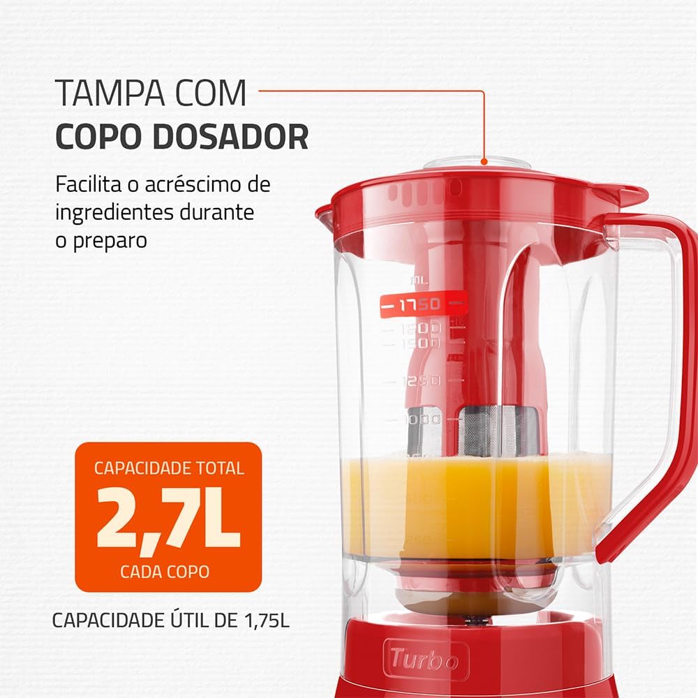 Liquidificador Turbo, Mondial, Vermelho, 900W, 220V - L-900 FR 2C - Imagem 6