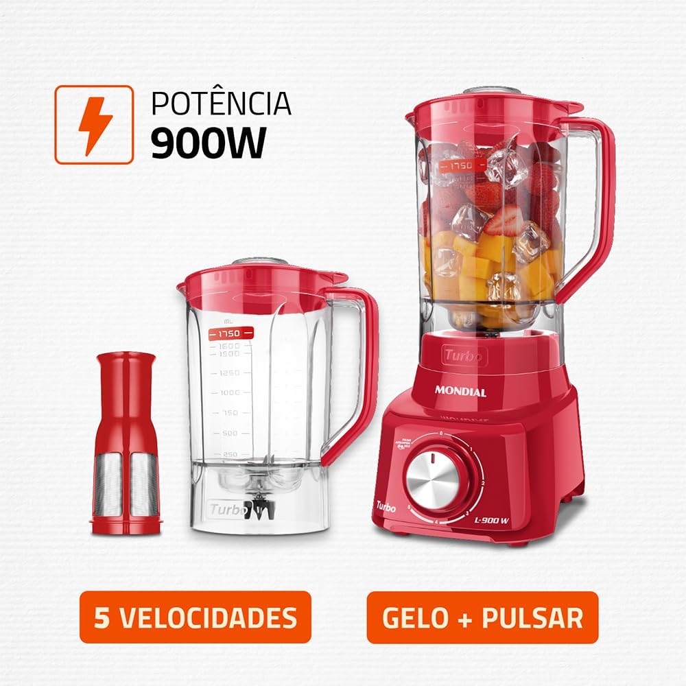 Liquidificador Turbo, Mondial, Vermelho, 900W, 220V - L-900 FR 2C - Imagem 2