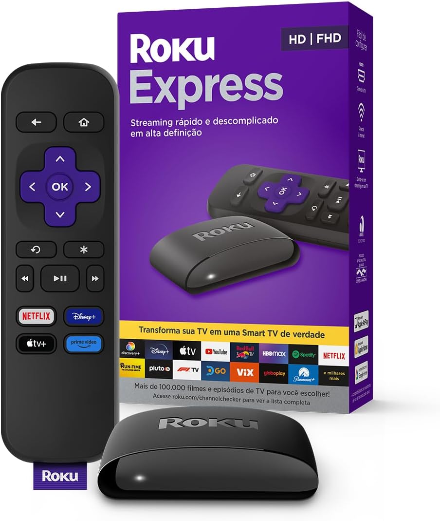 Roku Express | Dispositivo de streaming para TV HD/Full HD compatível com Alexa, Siri e Google. Inclui Cabo HDMI Premium Roku Express | Dispositivo de streaming para TV HD/Full HD compatível com Alexa, Siri e Google. Inclui Cabo HDMI Premium