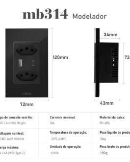 Interruptor Inteligente WiFi, Tomada Inteligente WiFi, Controle Remoto de Eletrodomésticos Por Telefones Celulares, Interruptor Cronometrado, Controle Por Voz, 1 porta USB e 1 porta Tipo-C (Preto)